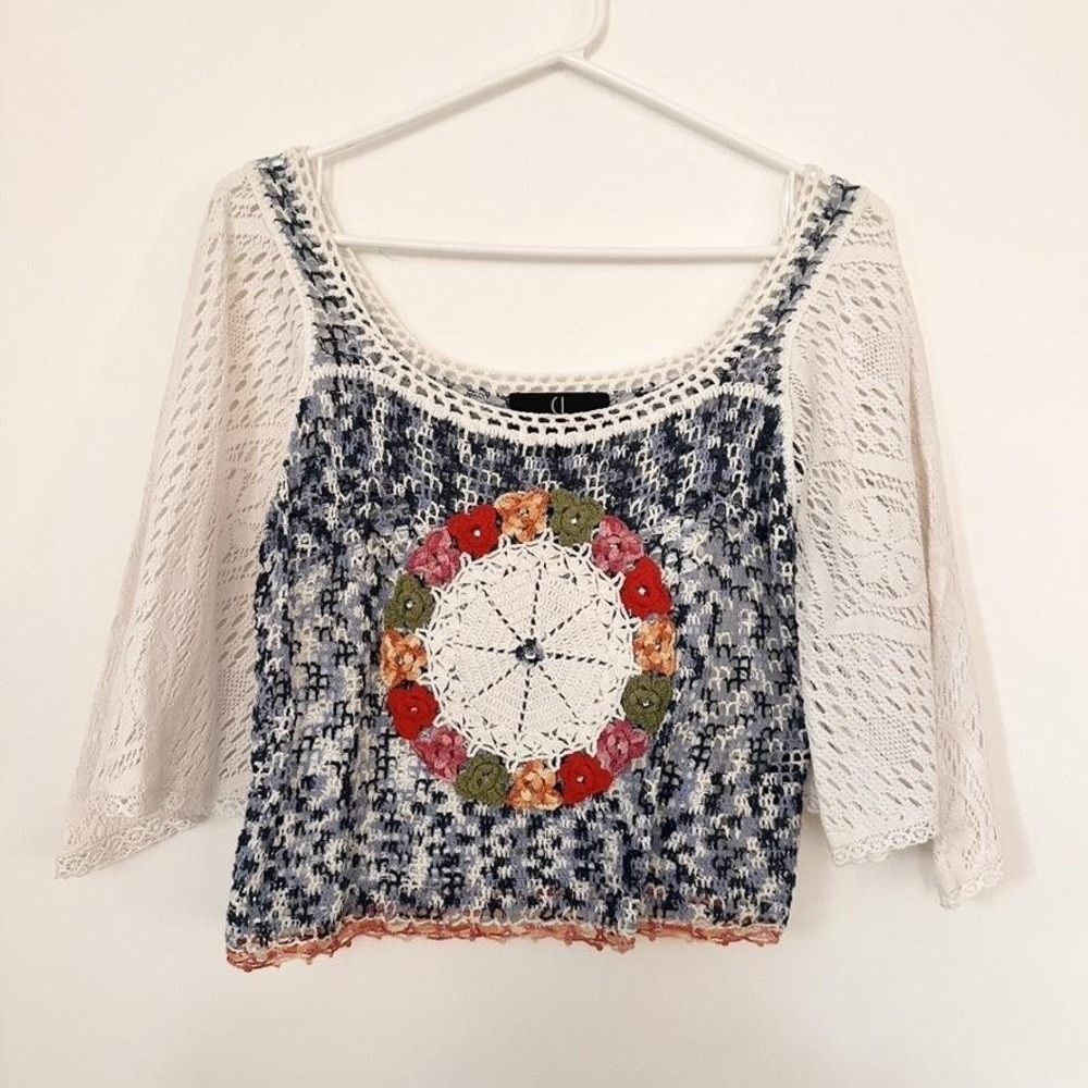 Carole Little Sweater Womens Medium Blue White Crochet Lace‎ Floral Boho Peasant